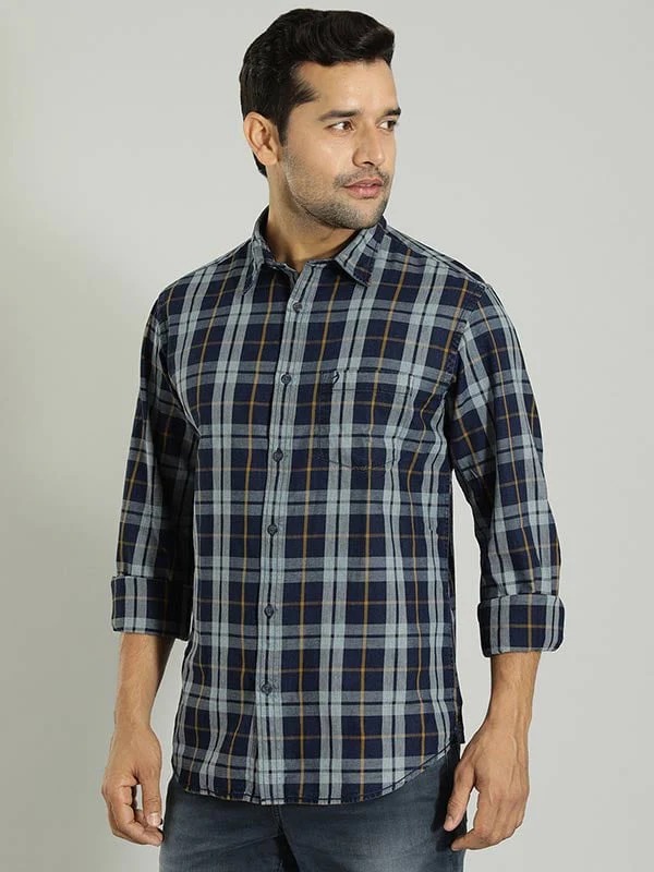 Indian Terrain Men's Slim Fit Full Sleeve Checkered Dark Blue Shirt